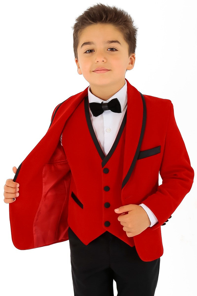 Jungen Slim Fit Paspelierung Samt Smokinganzug - LONDON - Rot