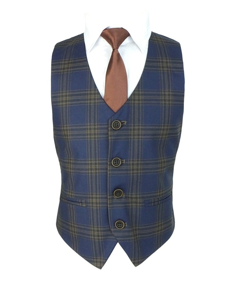 Costume en Tweed à Carreaux Windowpane Tailored Fit pour Garçons - Bleu Marine - Marron