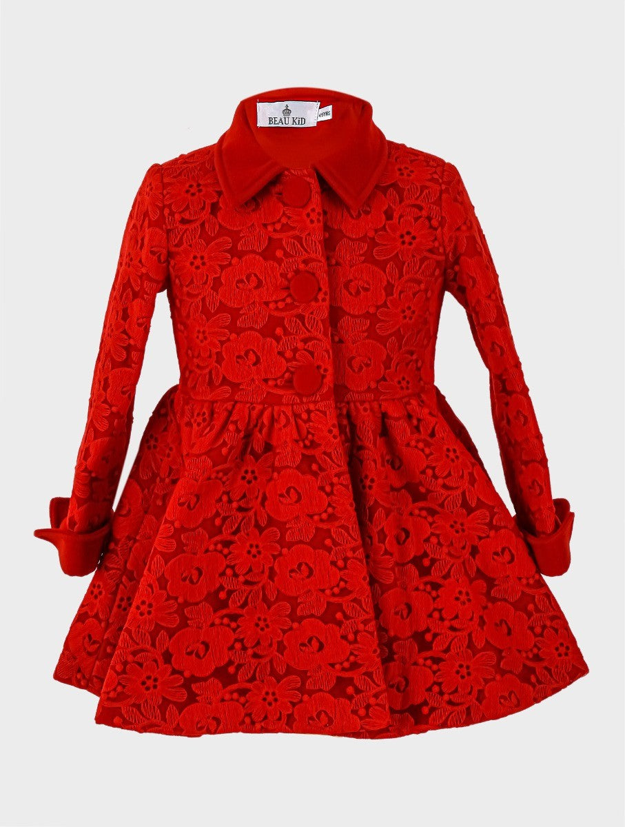 Ensemble Manteau Brodé Fleuri en Dentelle 2 Pièces pour Filles - Rouge