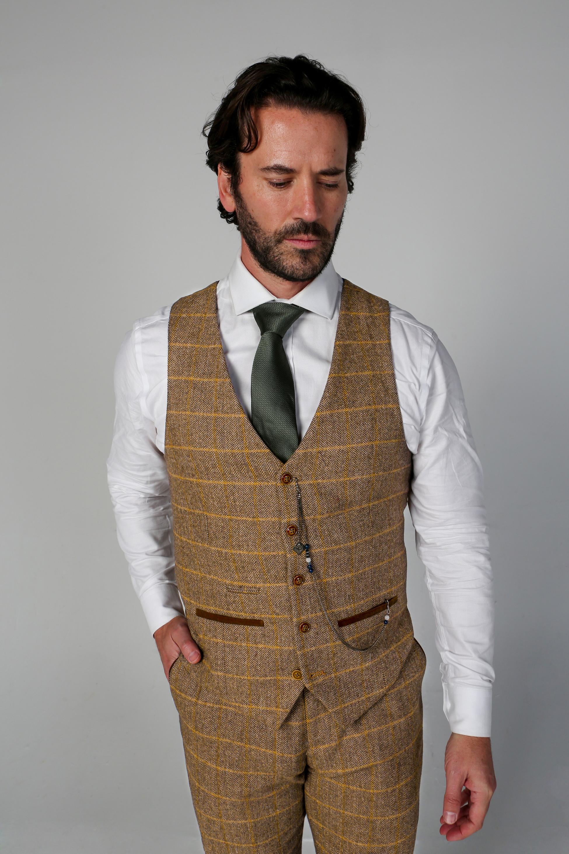 Men's Tweed Retro Windowpane Waistcoat - HARRIS - Brown