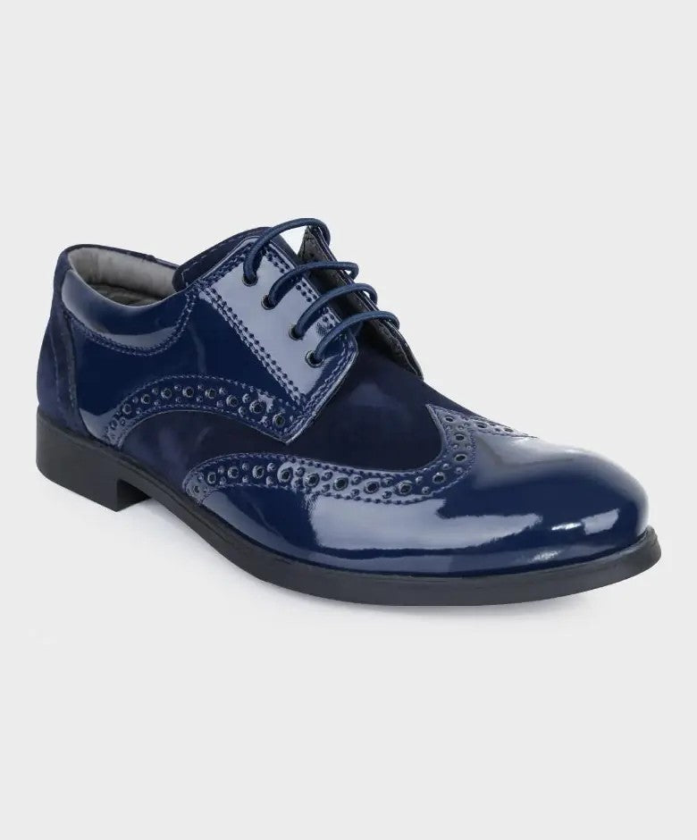 Chaussures Derby Brogue en Cuir Verni et Suède pour Garçons - Bleu Marine