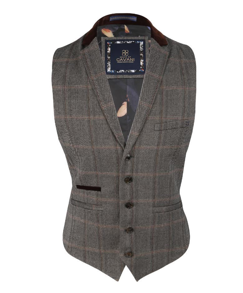 Herren Tweed Karo Retro Anzug Weste - Connall Braun - Braun