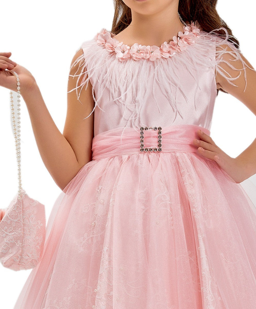 Ensemble Robe Midi en Tulle sans Manches Rose pour Filles - Rose