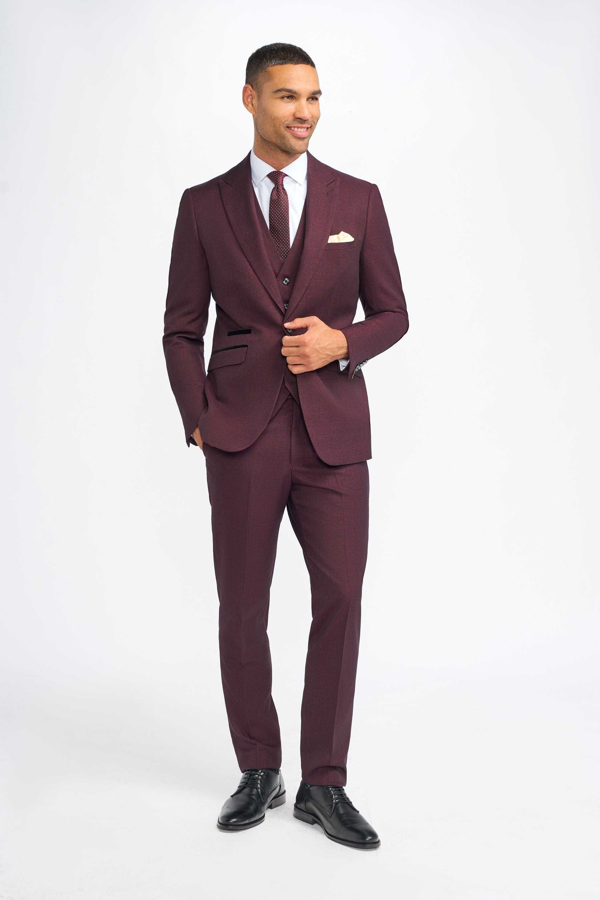 Herren Slim Fit Hahnentritt Tweed Anzug 3-teilig - CARIDI WINE - Wein