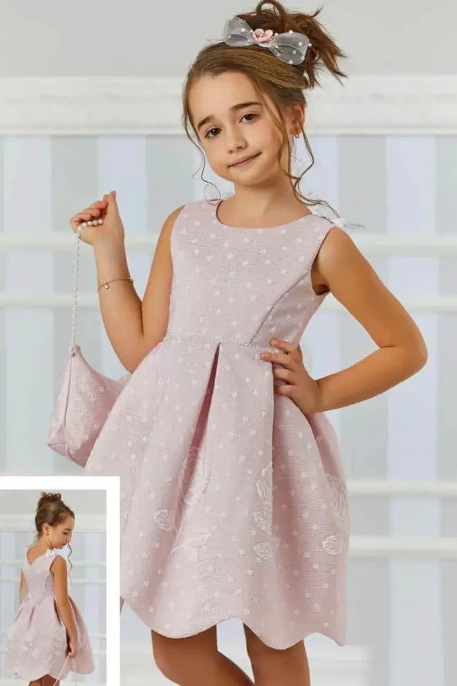 Mädchen Ärmelloses Blumenbesticktes Kleid-Set - Babyrosa