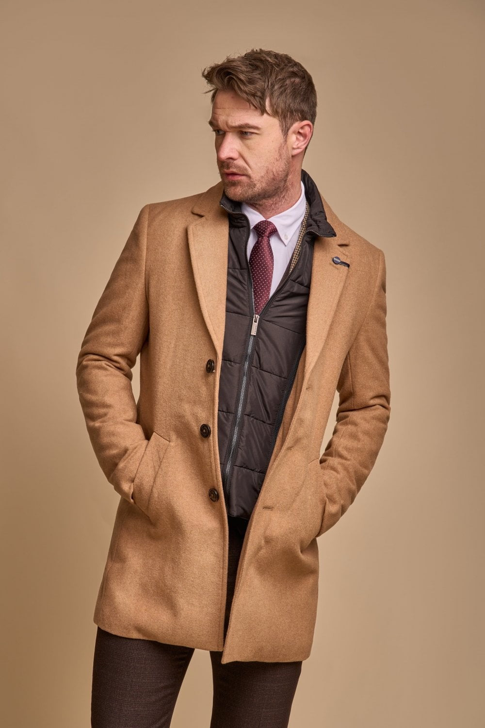 Men's Slim Fit Wool Blend Coat - SANFORD - Brown Camel