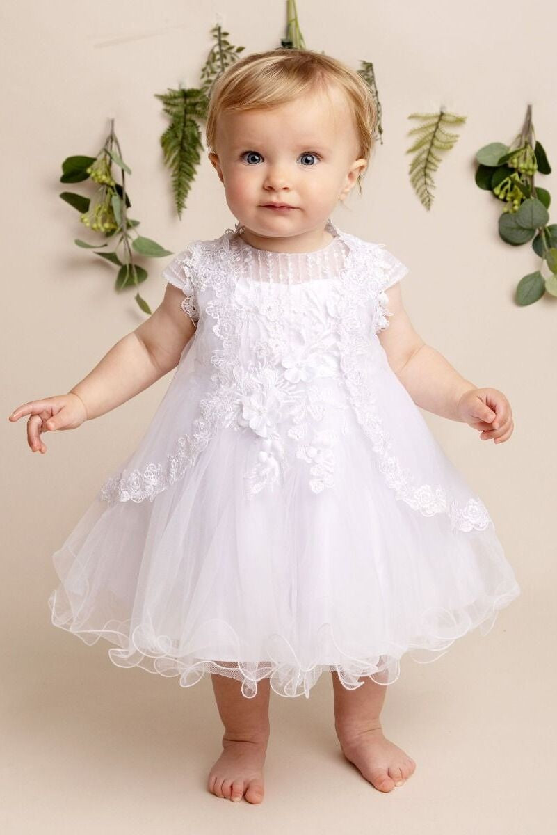 Baby Girls White Tulle & Lace Christening Dress - BONNIE - White