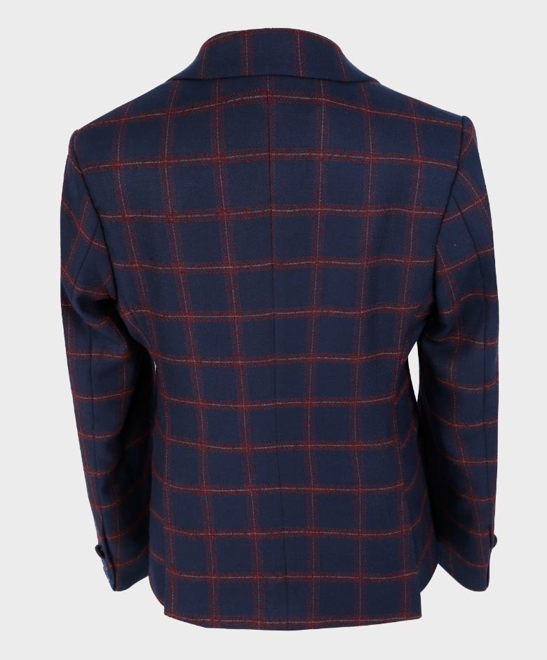 Costume à Carreaux Windowpane Rétro Tailored Fit pour Garçons - Bleu Marine - Marron