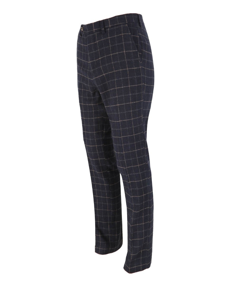 Men's Tweed Check Slim Fit Navy Trousers - SHELBY - Navy Blue