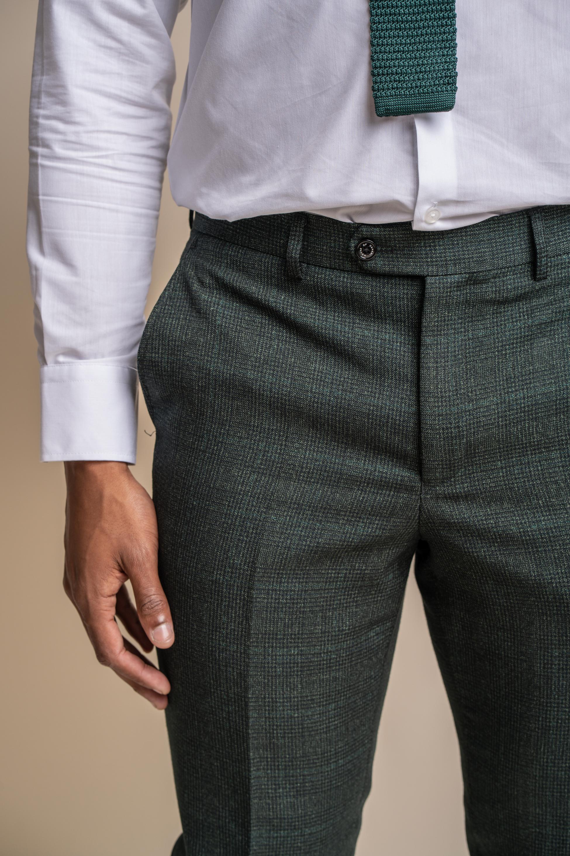 Herren Tweed Hahnentritt Karo Slim Fit Hose - CARIDI - Olivgrün