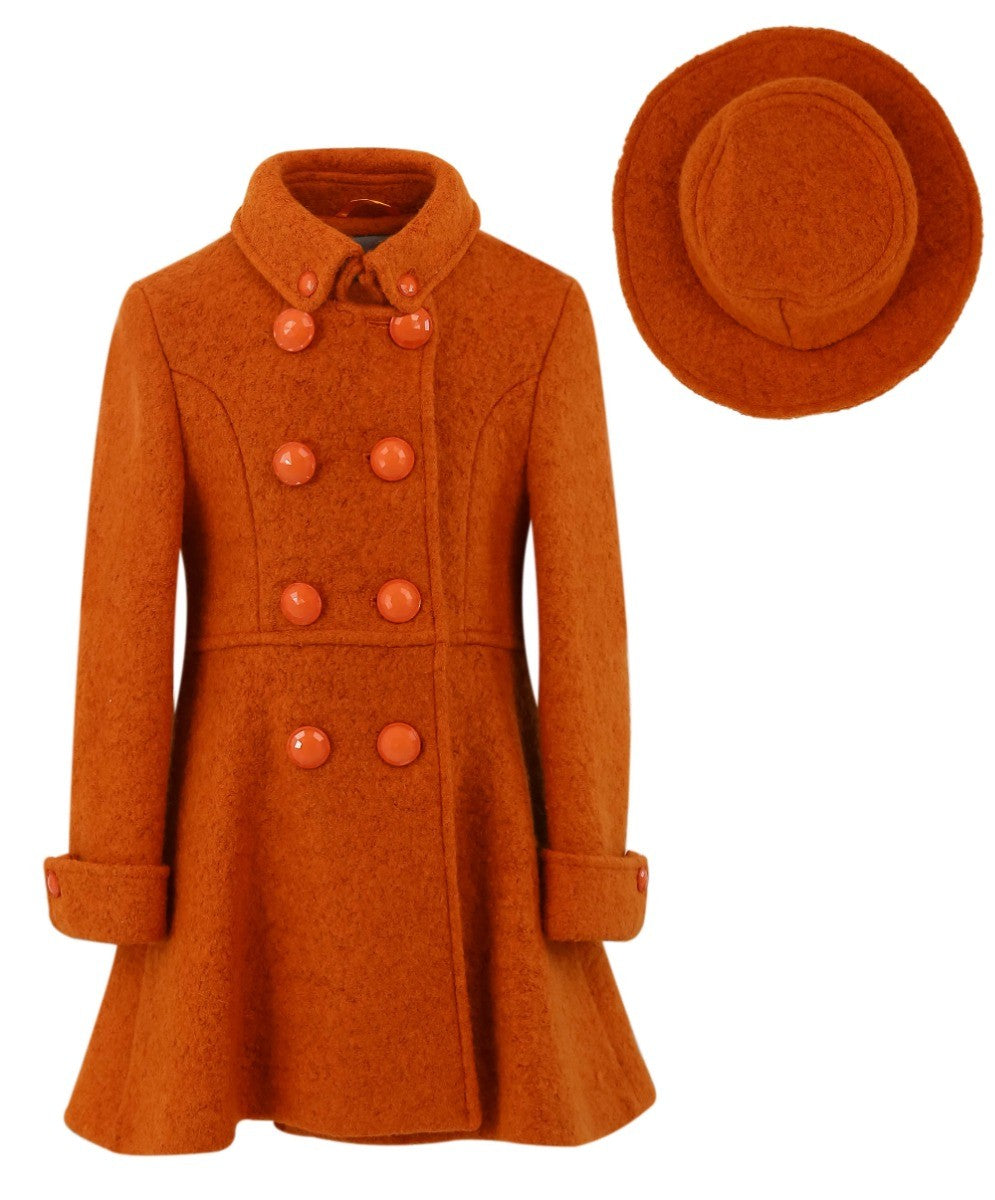 Girls Wool Double-Breasted OverCoat Set - ELIZABETH - Brick Orange