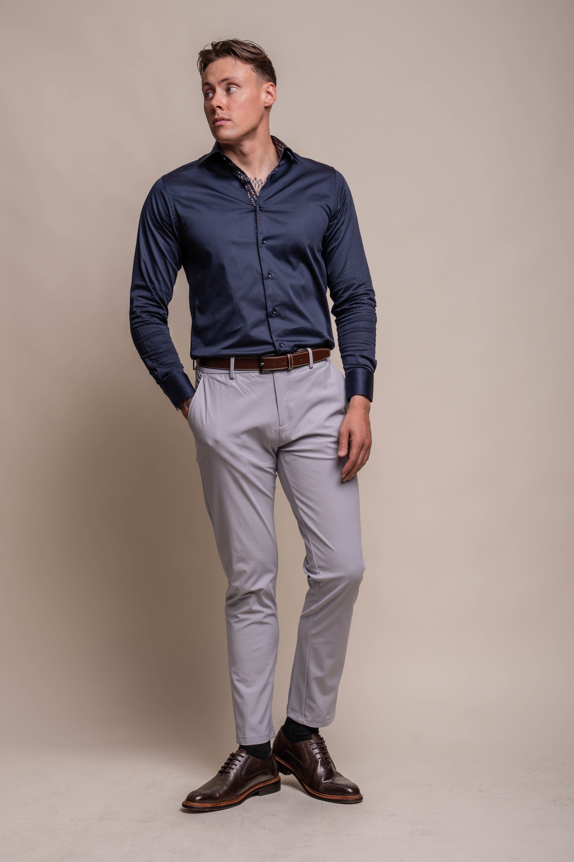 Chemise décontractée à manches longues en coton pour hommes - SIMSON - Bleu Marine