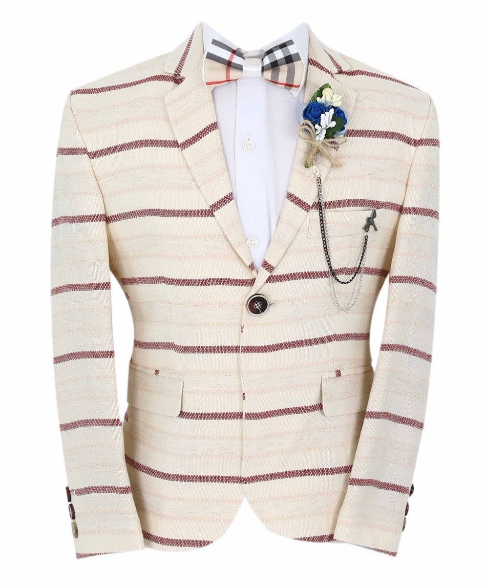 Boys Slim Fit Striped Blazer - Beige - Burgundy