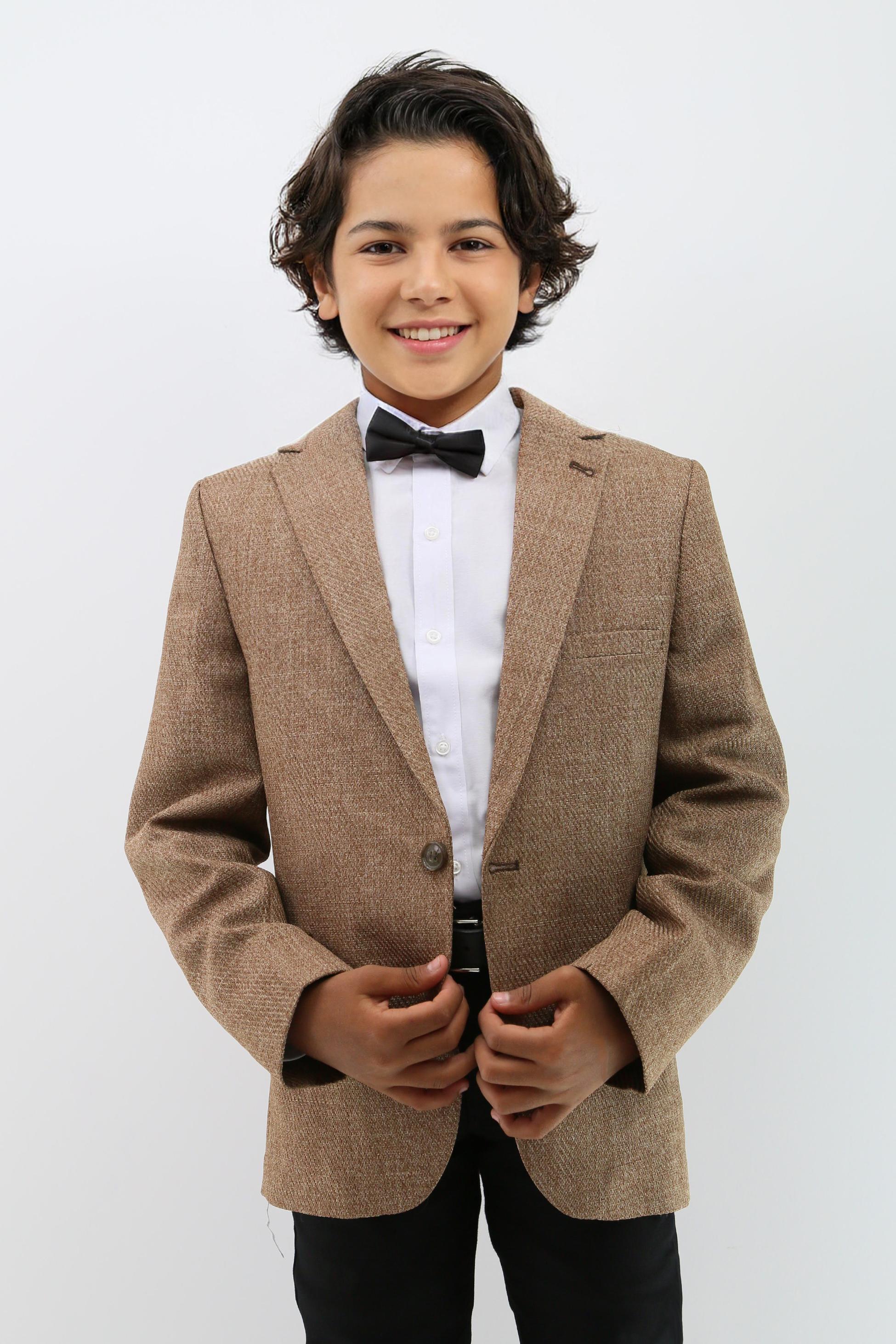 Jungen Formeller Texturierter Tweed Blazer - Senfgelb Braun