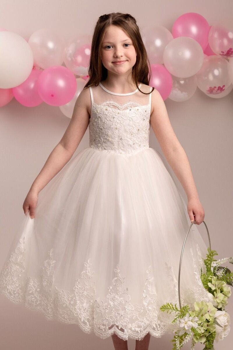 Floral Lace Embroidered Dress for Girls – MEGAN - Ivory