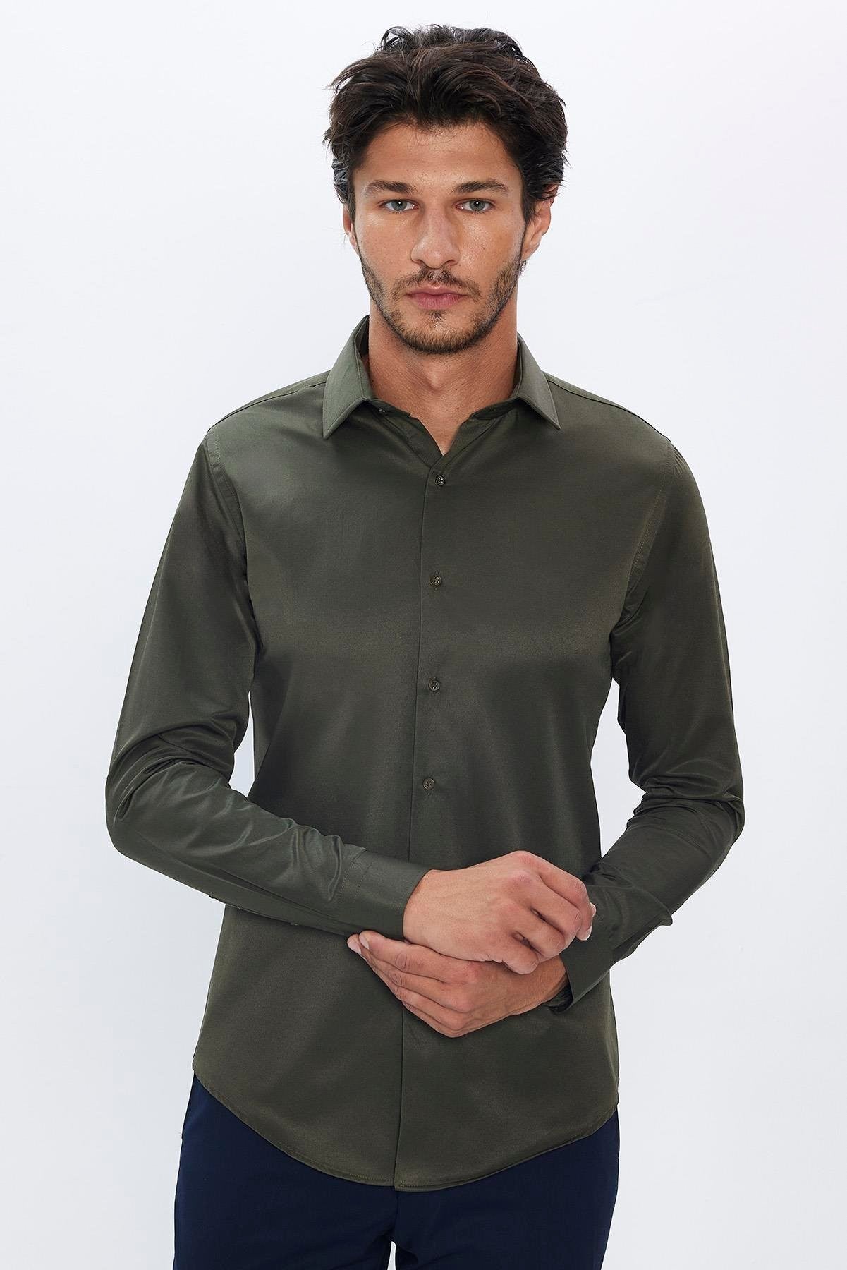 Men's Slim Fit Button-Down Cotton Blend Dress Shirt - Dimi Dotti - Khaki Green