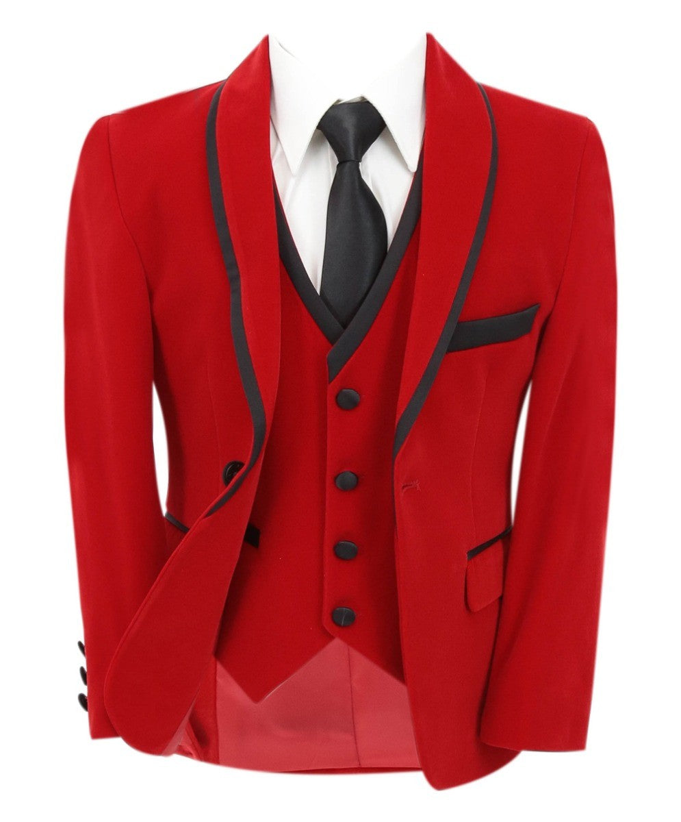 Costume de Smoking en Velours à Passepoil Slim Fit pour Garçons - LONDON - Rouge