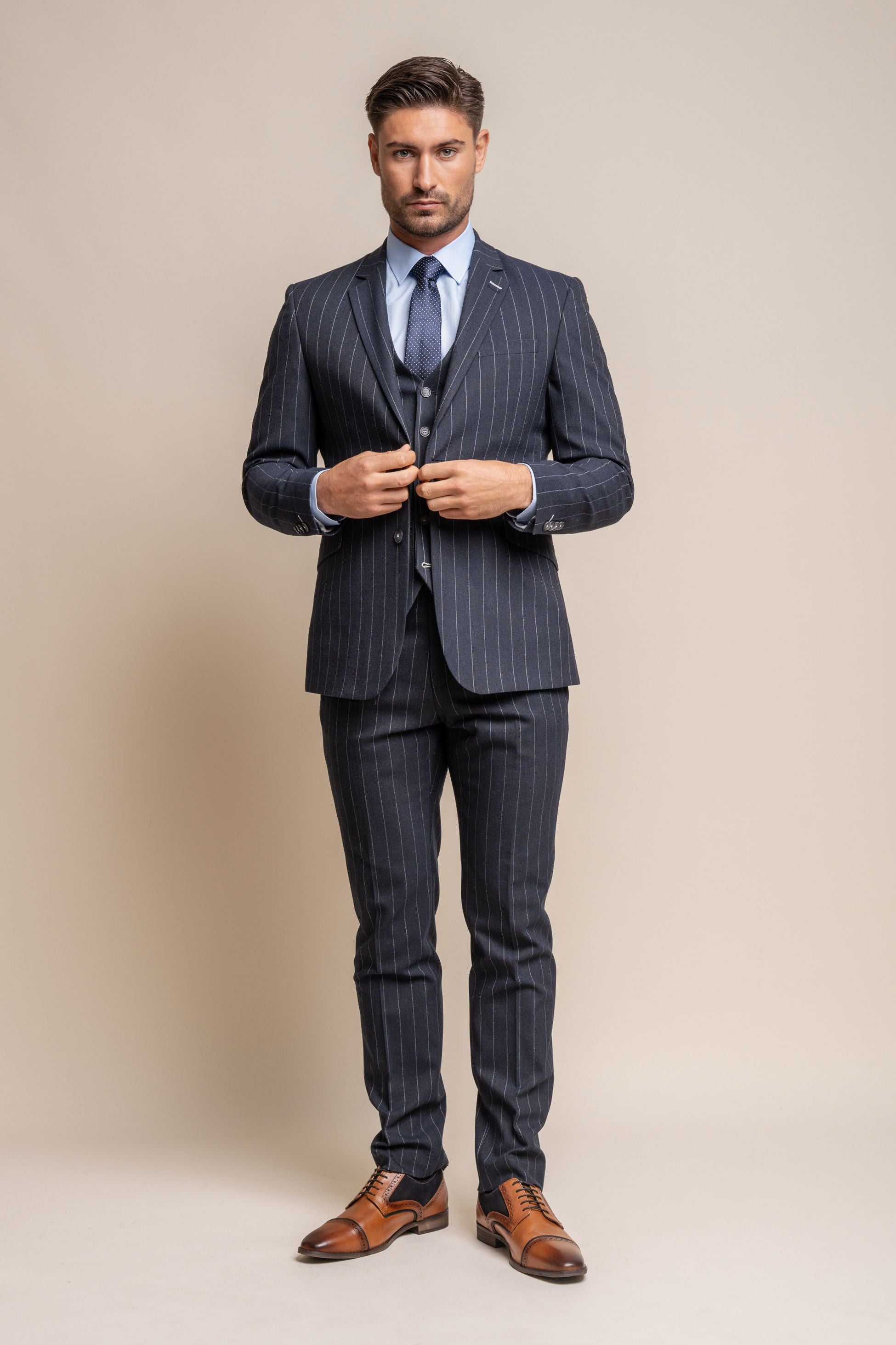 Men's Pinstripe Slim Fit Navy Blue Suit -  Invincible - Navy Blue