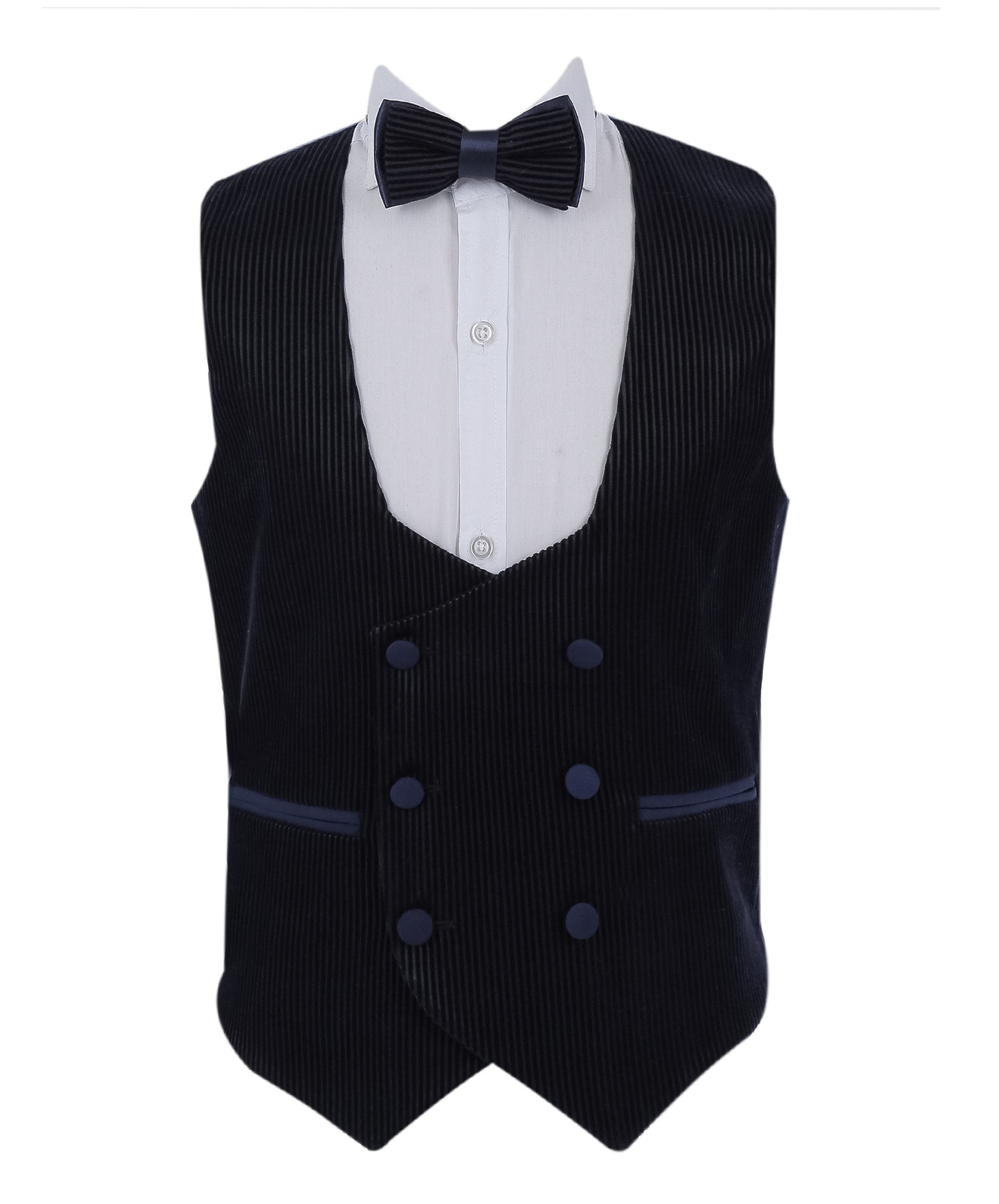 Costume Tuxedo avec Gilet en Velours Côtelé et Revers Shawl pour Garçons - Bleu Marine