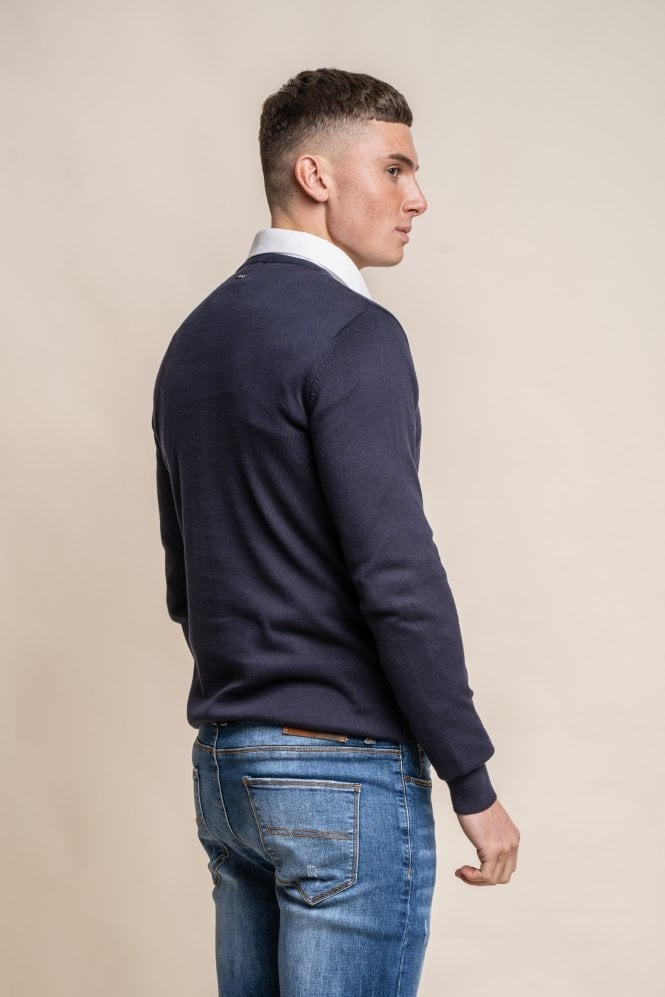 Herren Baumwoll Slim Fit Crewneck Pullover - Marineblau