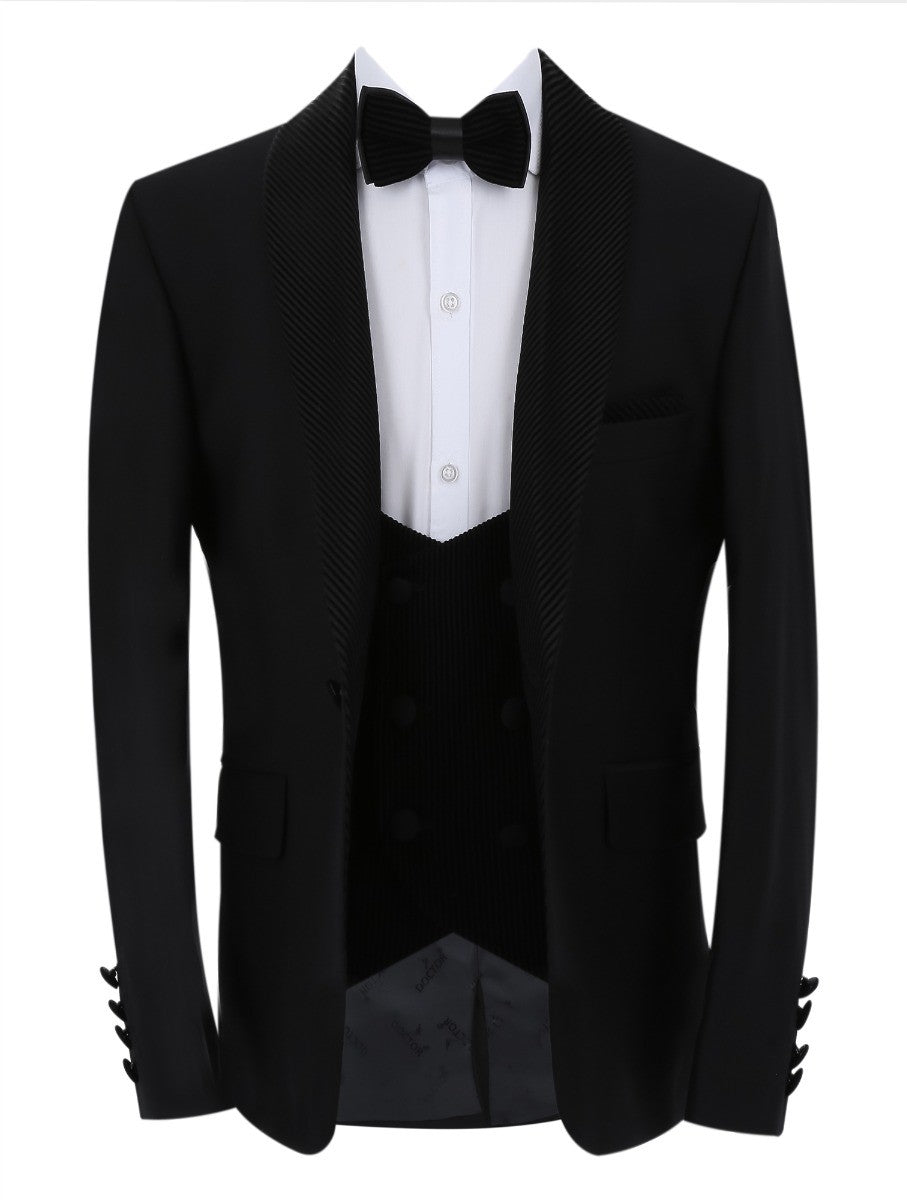 Costume Tuxedo avec Gilet en Velours Côtelé et Revers Shawl pour Garçons - Noir - Bordeaux