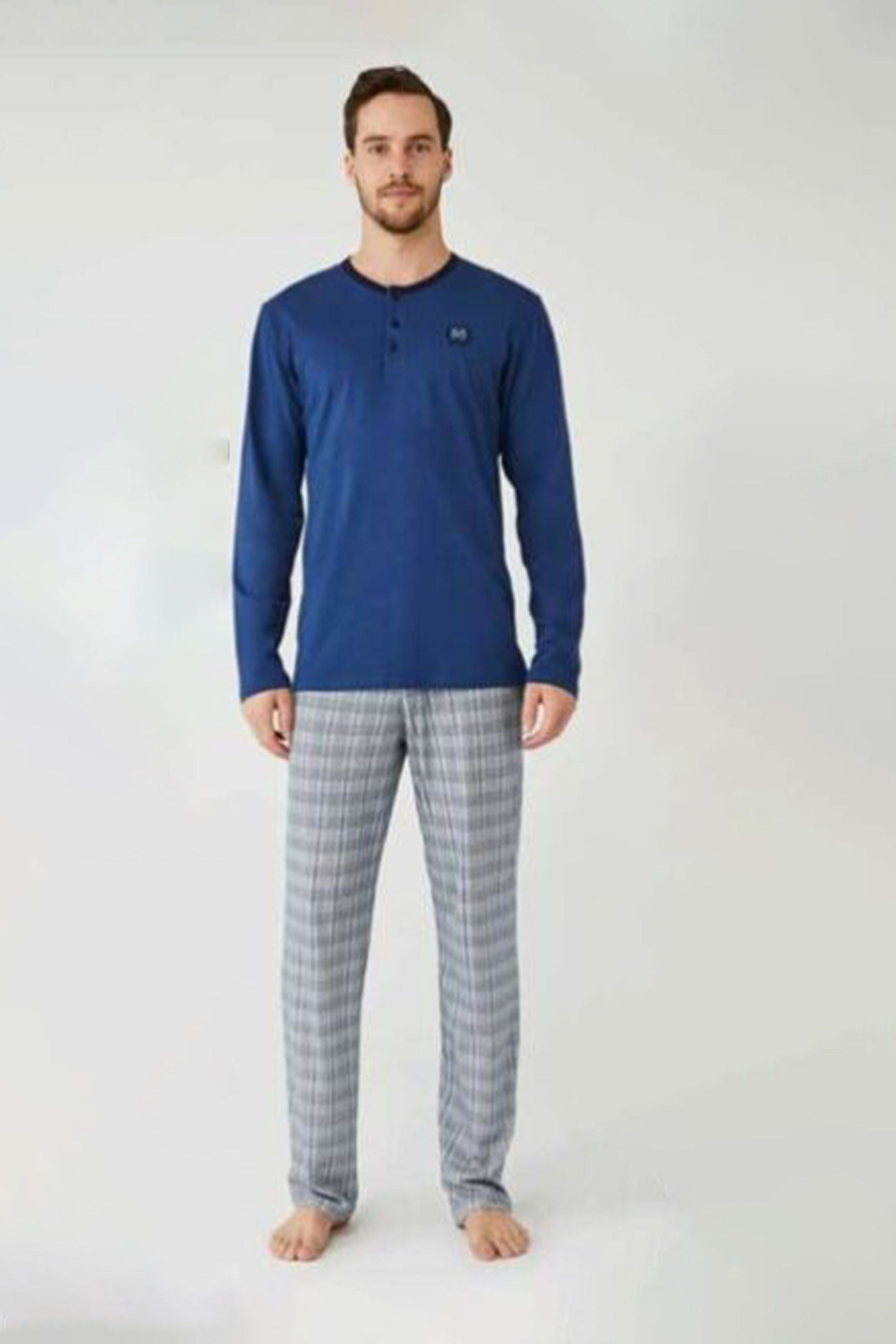 Herren Baumwoll Marine Pyjama - Blau