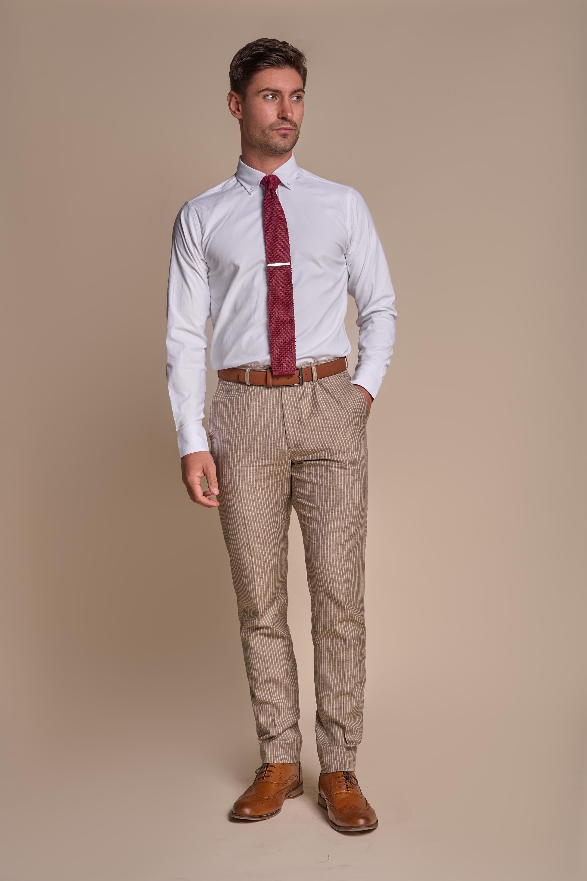 Herren Slim Fit Nadelstreifen Beige Hose – KRAKEN Sand - Sandbeige