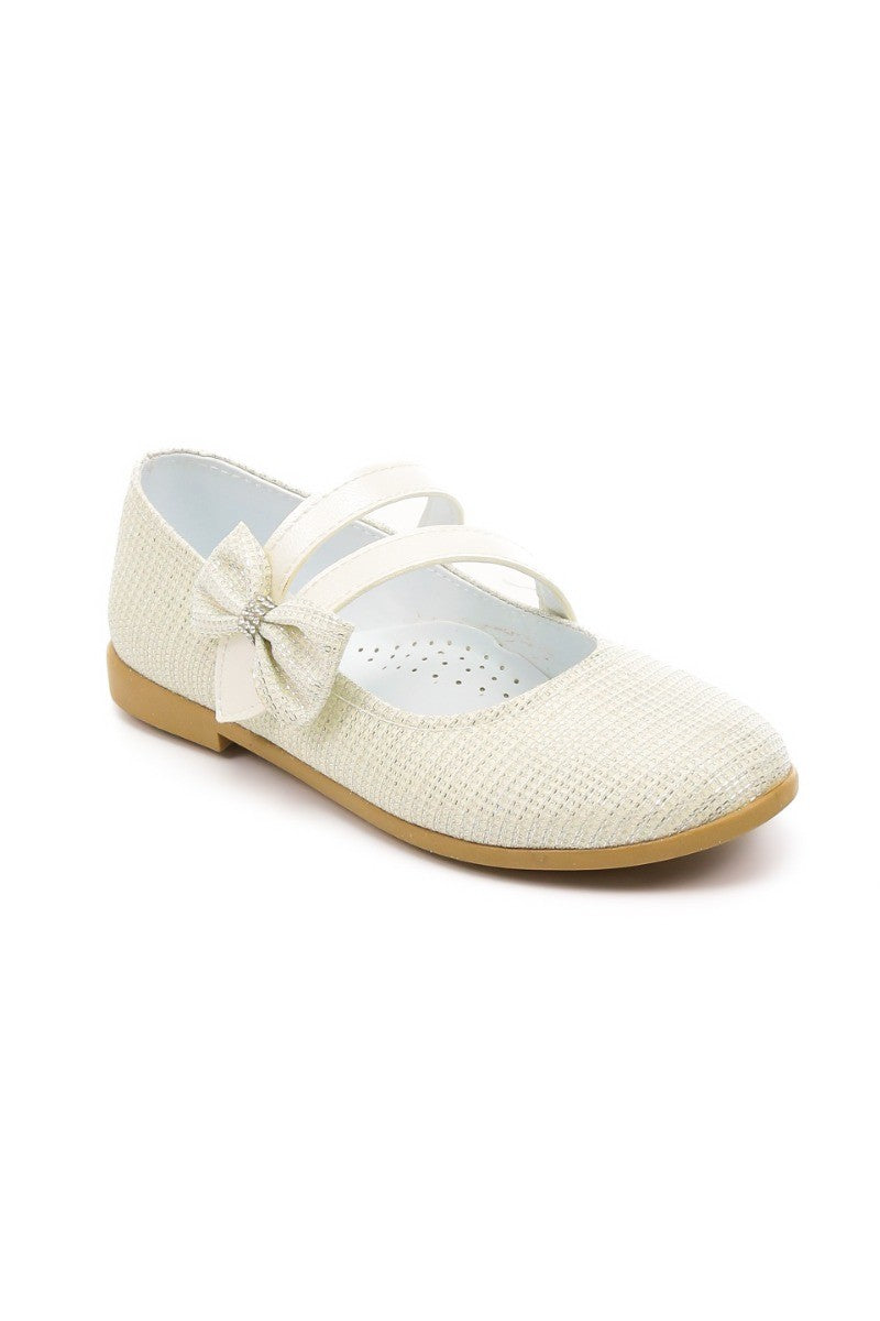 Girls Mary Jane Bow Flat Dress Shoes -MAYA - Ivory Gold