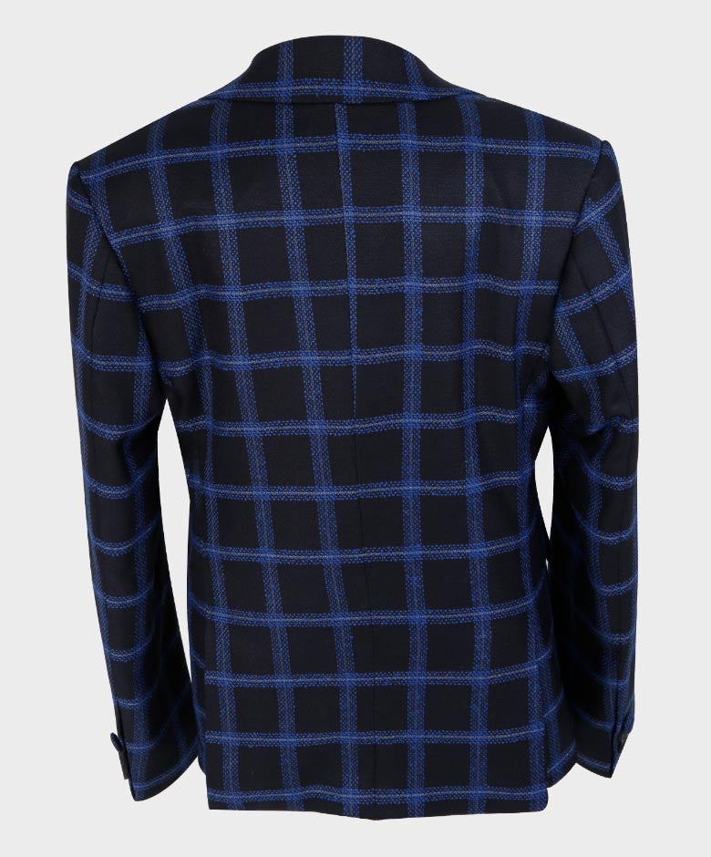 Jungen Maßgeschneiderter Windowpane Retro Karoanzug - Royalblau - Schwarz