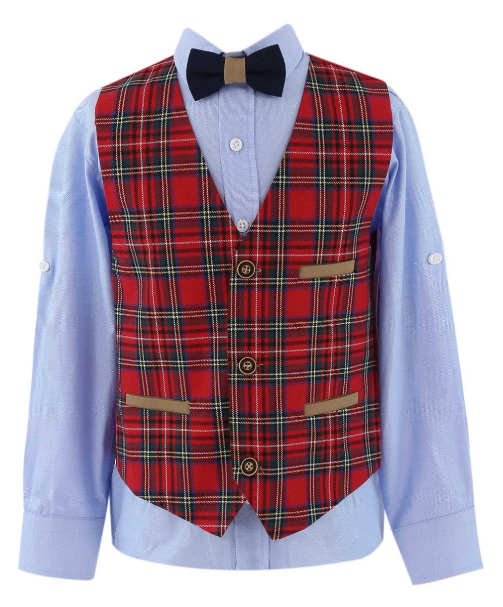 Ensemble Costume Slim Fit avec Gilet à Carreaux Tartan pour Garçons - Bleu Marine