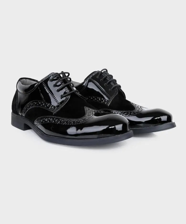 Chaussures Derby Brogue en Cuir Verni et Suède pour Garçons - Noir