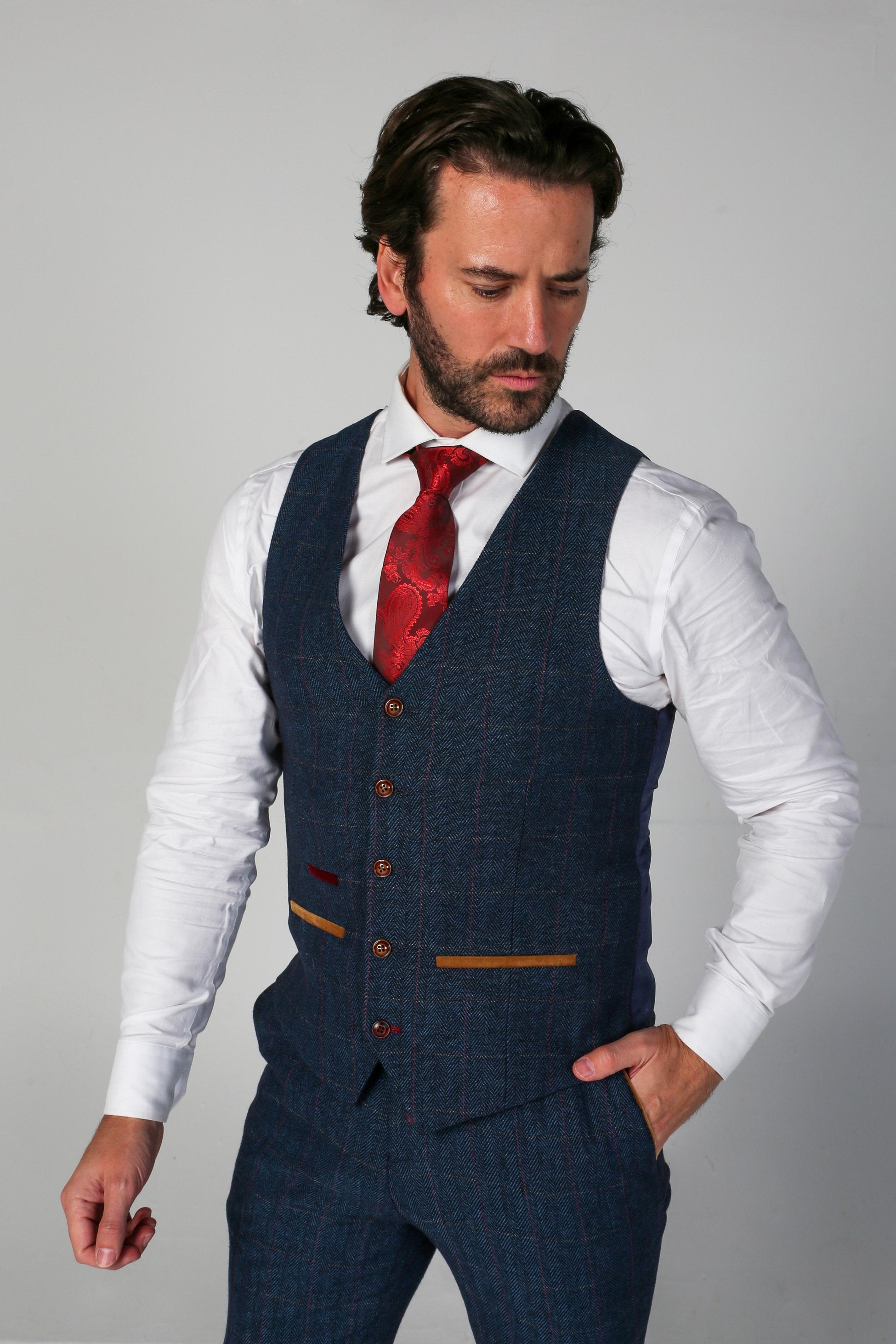 Men's Tweed Herringbone Navy Waistcoat - SCOTT - Navy Blue