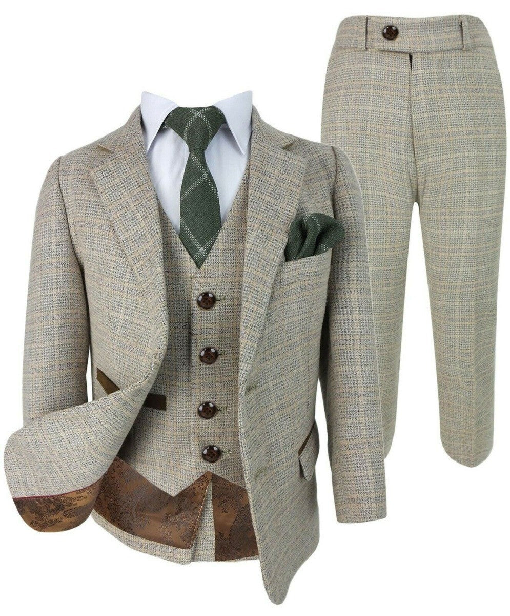 Jungen Tweed Karo Maßgeschneiderter Beige Formalanzug - HOLLAND - Beige - Braun