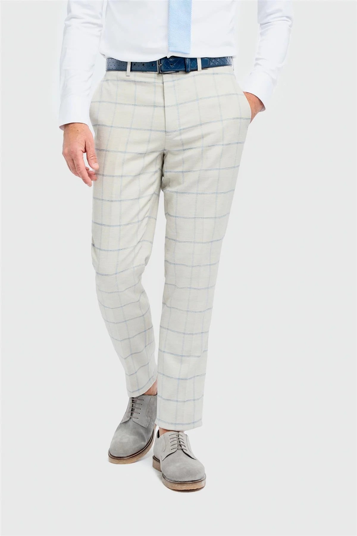 Men’s Light Grey Windowpane Check Trousers - Gabriel - Light Grey