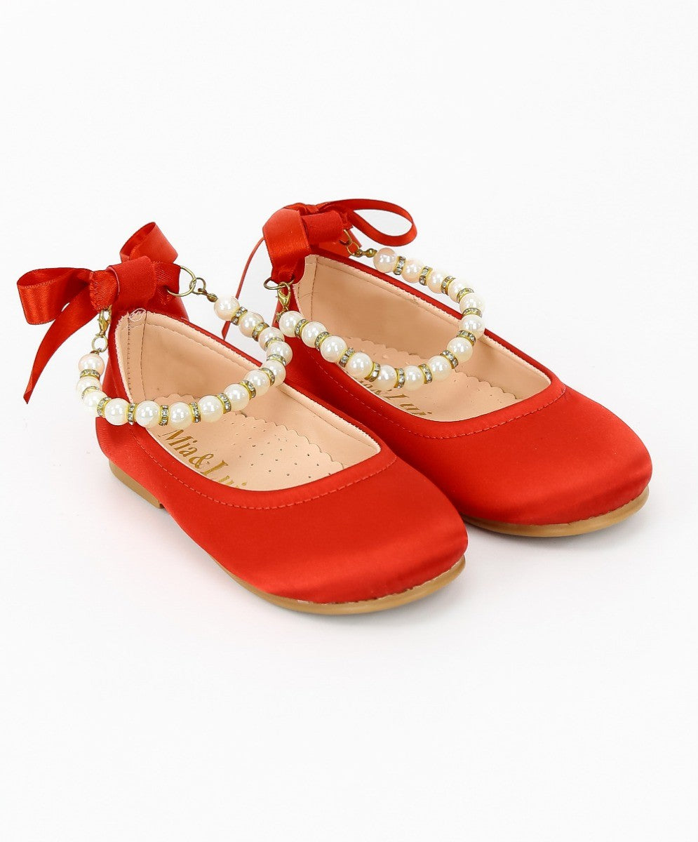 Girls Pearls Flat Mary Jane Shoes - ISABEL - Red