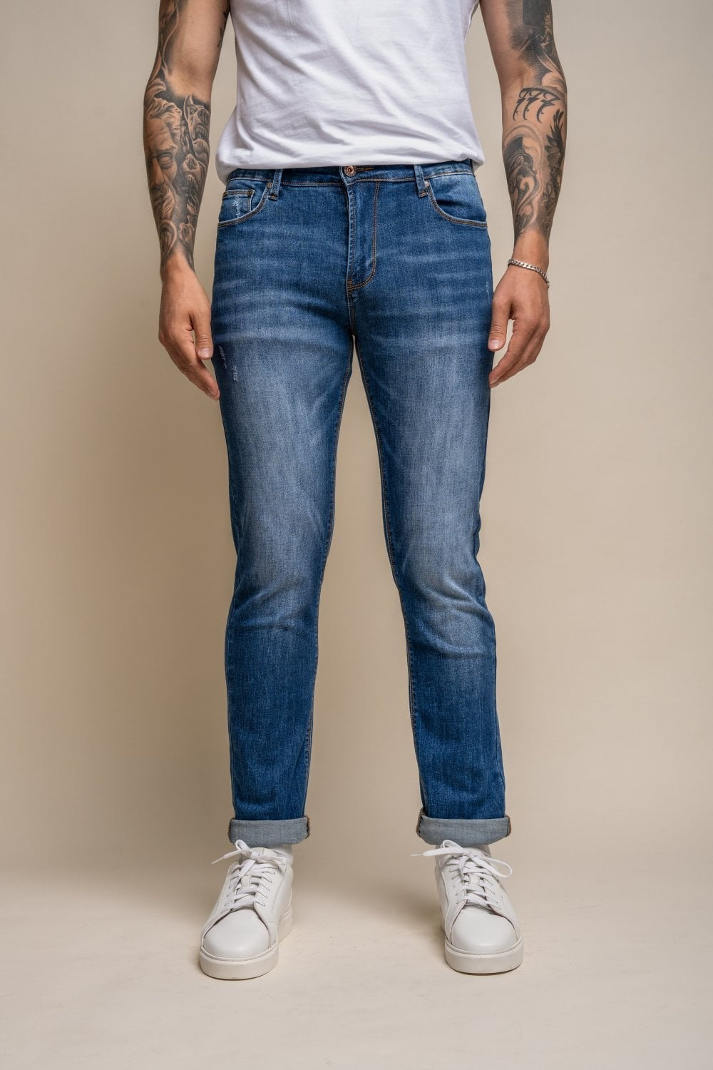 Jean en denim stretch ajusté pour hommes - BLAZE - Bleu Moyen