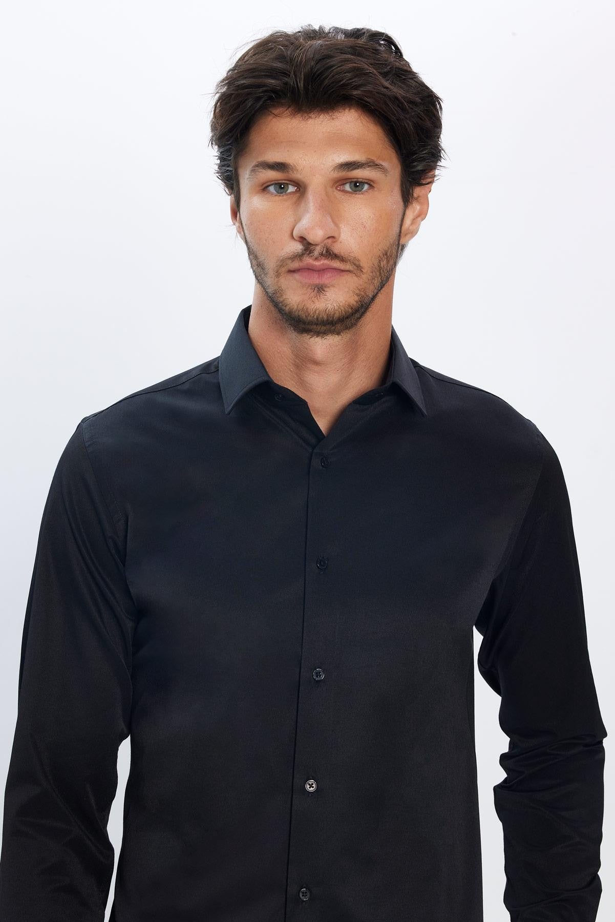 Herren Slim Fit Button-Down Baumwoll Mischung Hemd - Dimi Dotti - Schwarz