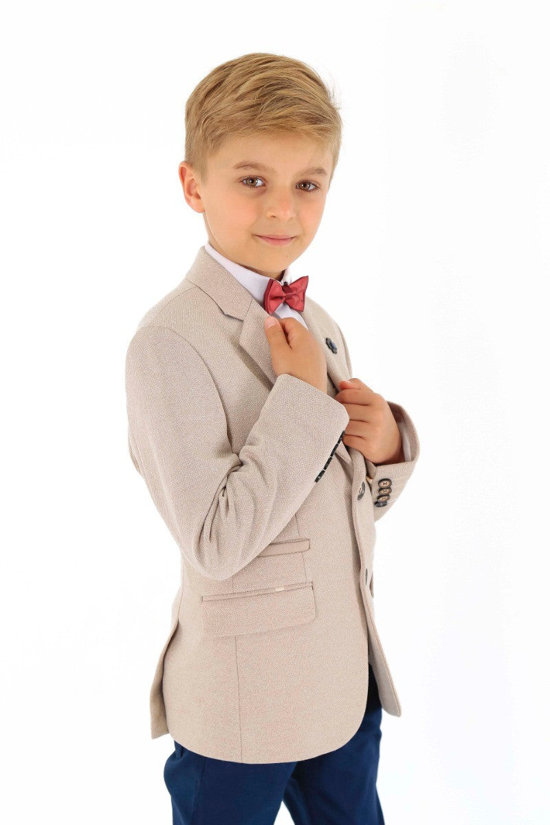 Jungen Baumwoll Slim Fit Blazer und Westen-Set - Frank - Beige