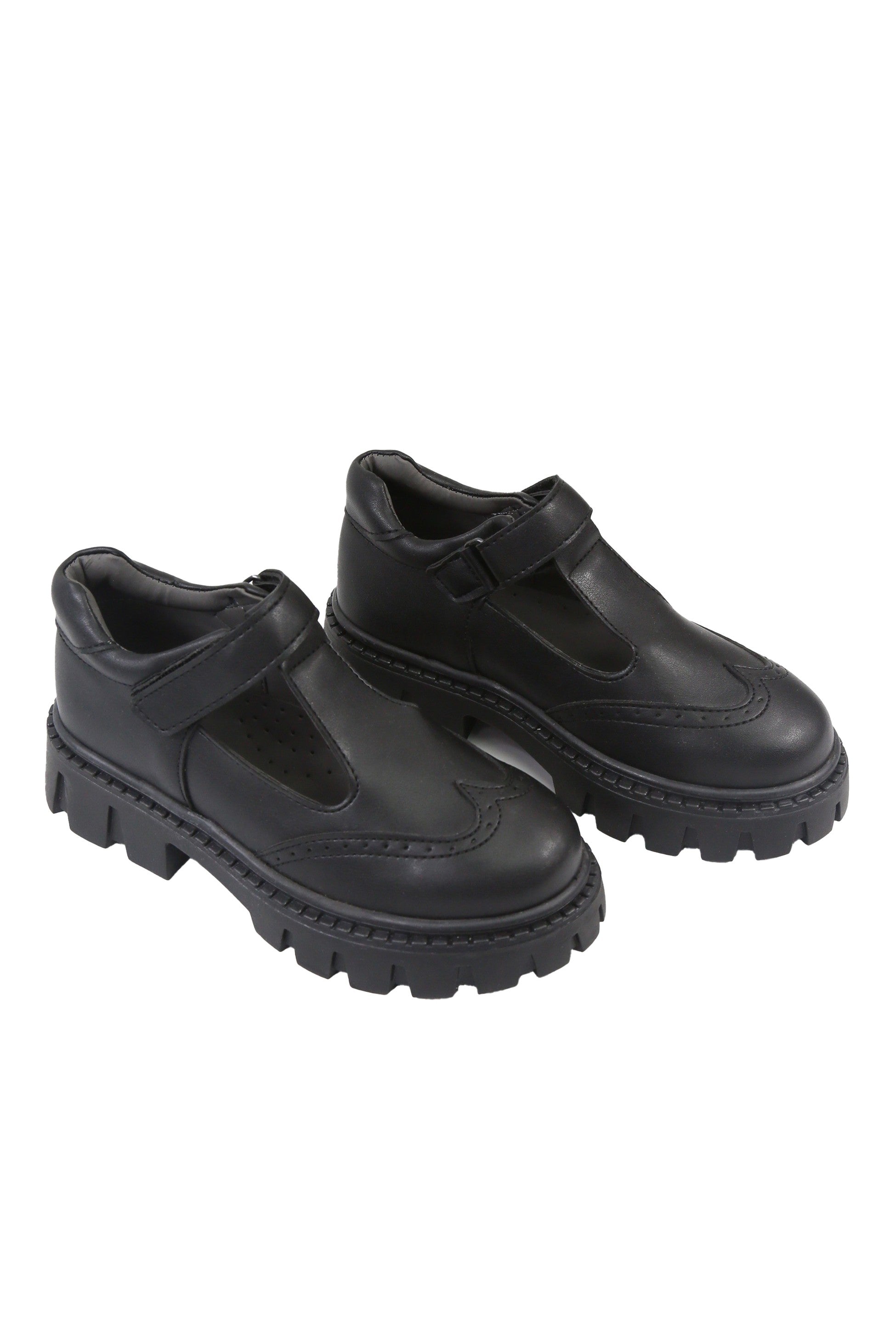 Chaussures d'école à plateforme Mary Jane en brogue noires pour filles - Noir Mat