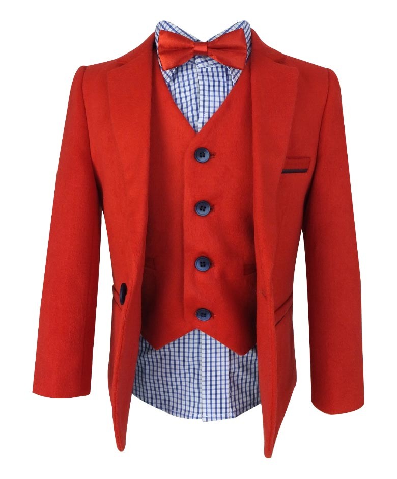 Ensemble Costume en Suède Rouge Doux avec Pièces aux Coudes pour Garçons - Rouge - Bleu