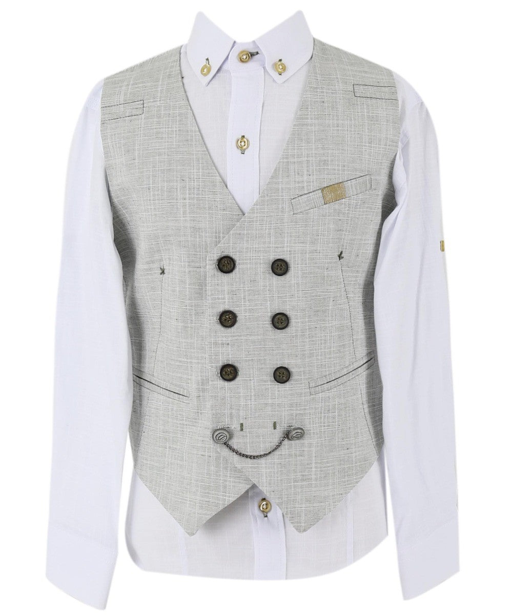 Boys Self Patterned Double-Breasted Linen Waistcoat Suit Set - Light Khaki