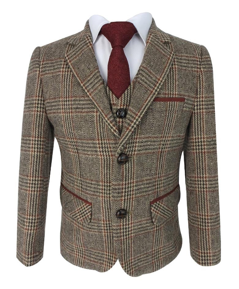 Costume à Carreaux en Tweed Chevron avec Pièces aux Coudes pour Garçons - LUCAS - Marron - Bordeaux