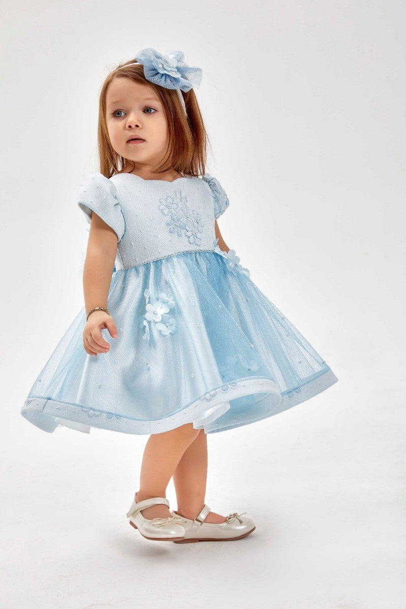 Baby Girls Short Puffy Sleeves Blue Dress - Baby Blue