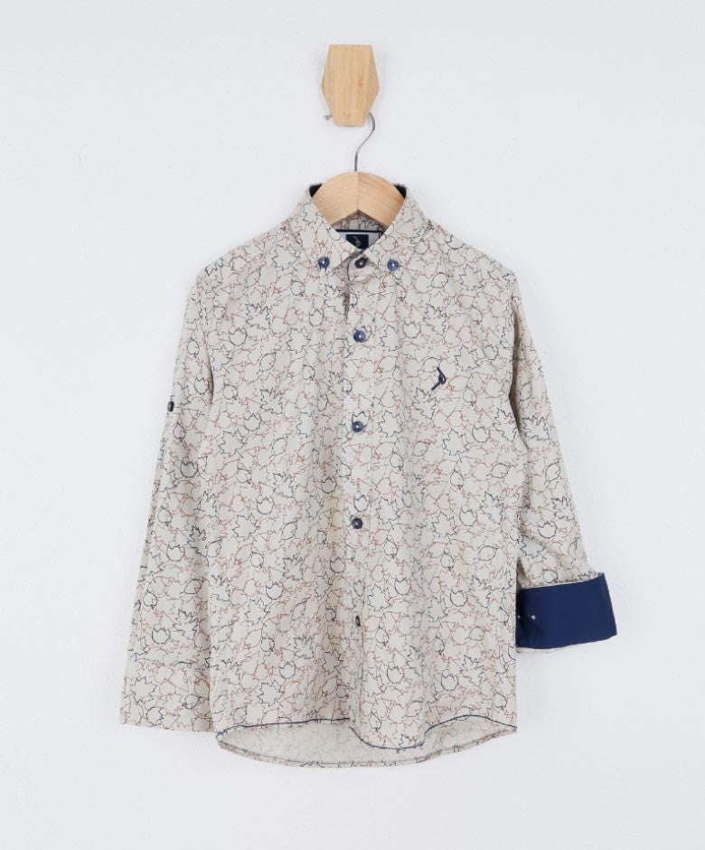 Boys Slim Fit Leaves Print Cotton Shirt - Beige