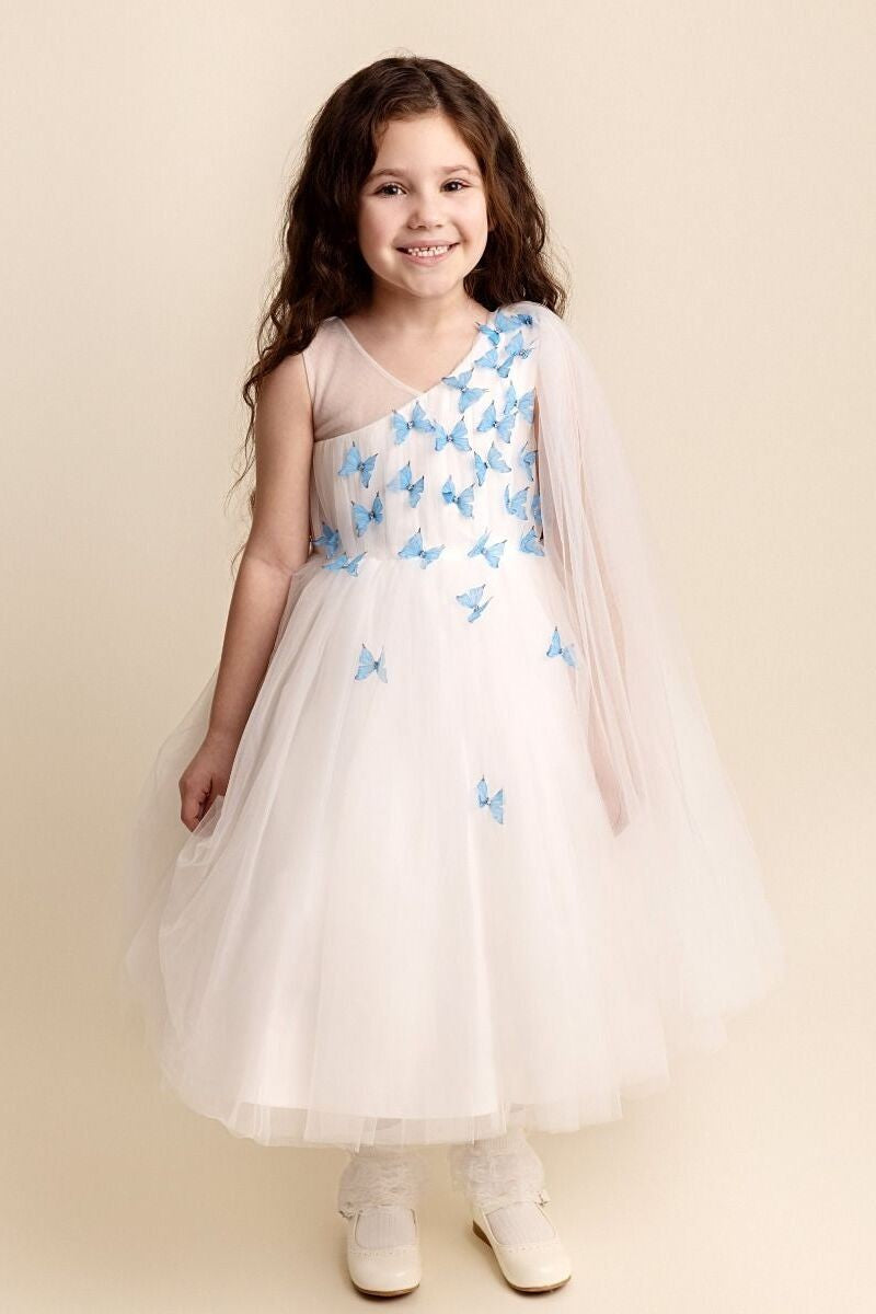 Girls Tulle Dress with Butterfly Appliques - PARIS - Blue