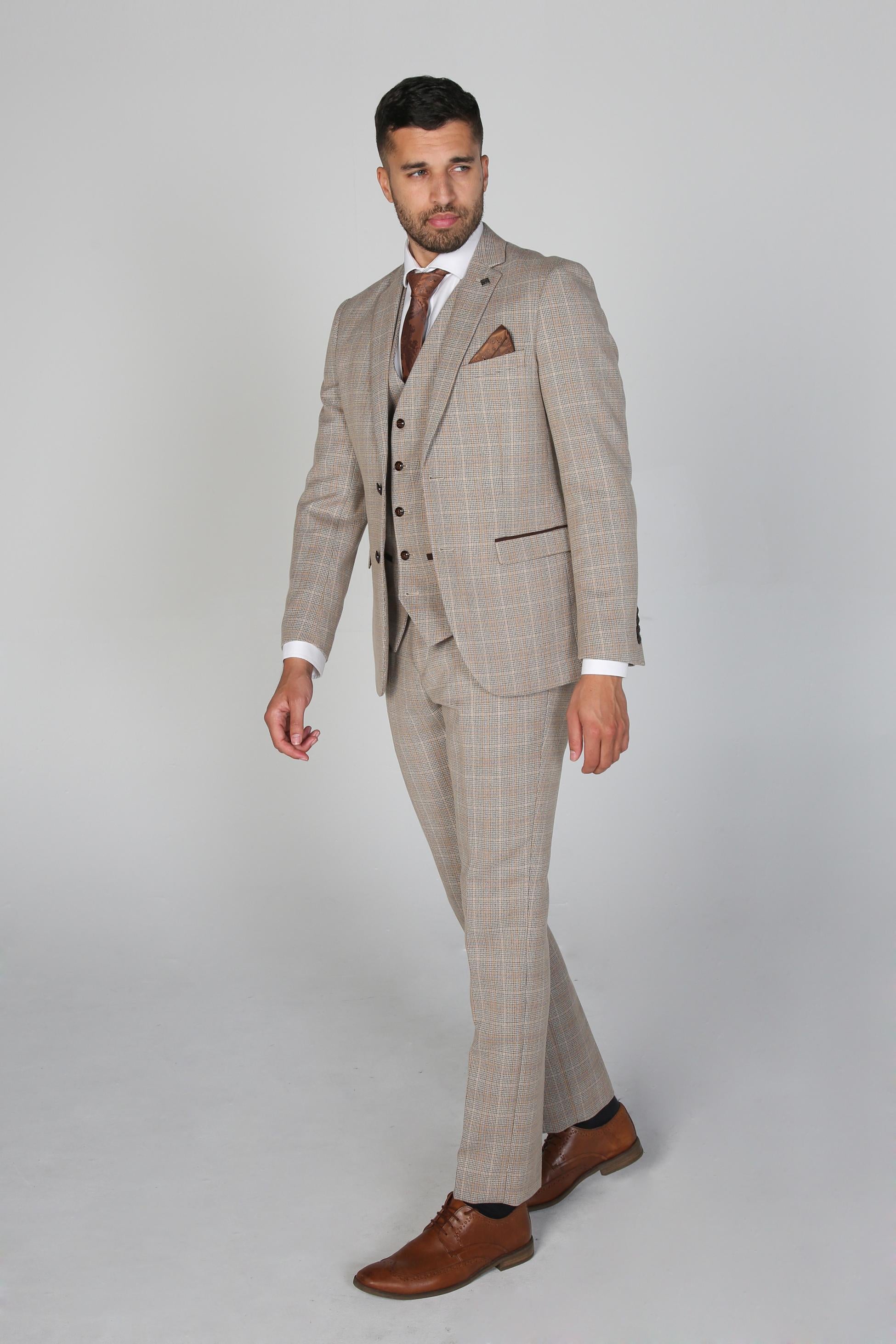 Men's Tweed Check Tailored Fit Beige Suit - HOLLAND - Beige - Brown