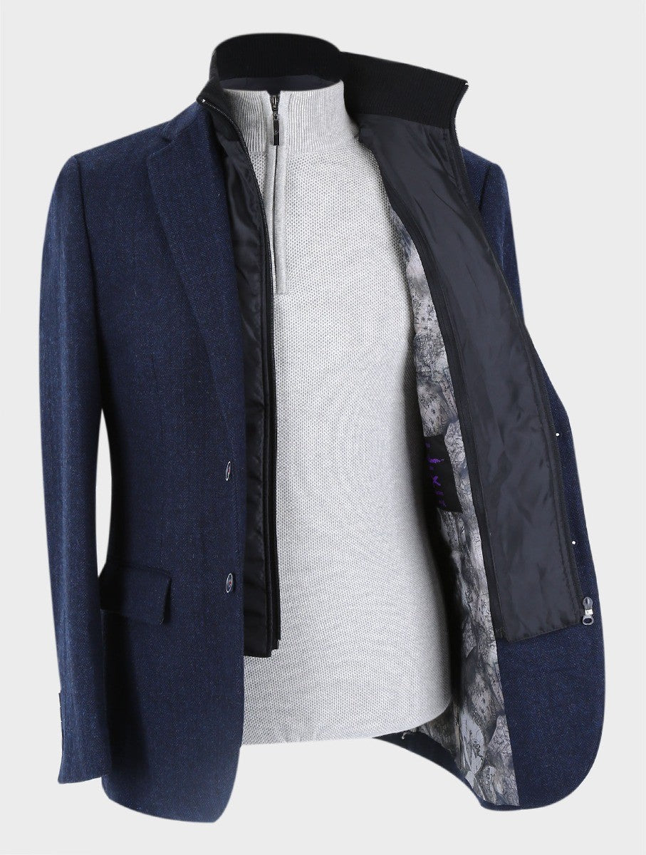 Manteau en tweed à chevrons marine avec zip amovible pour hommes - Bleu Marine