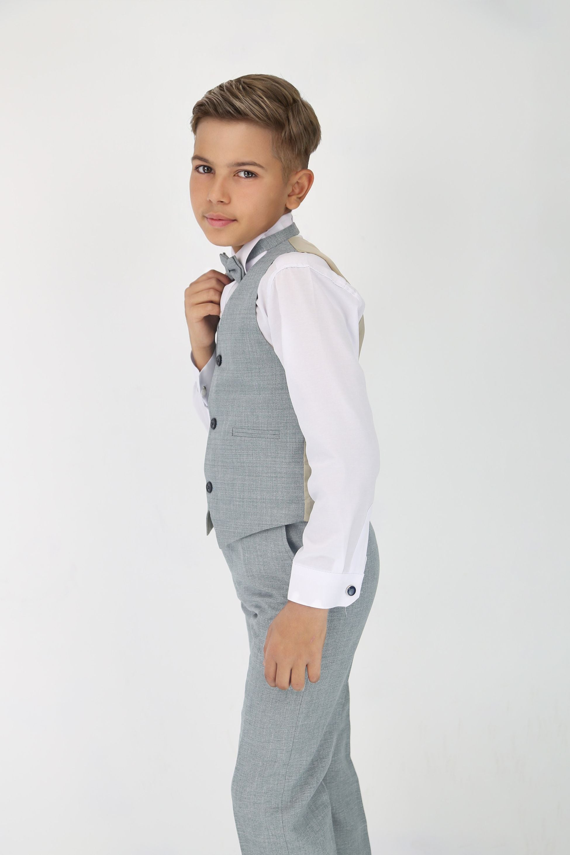 Jungen Slim Fit Strukturierter 6-teiliger Formalanzug-Set - Grau