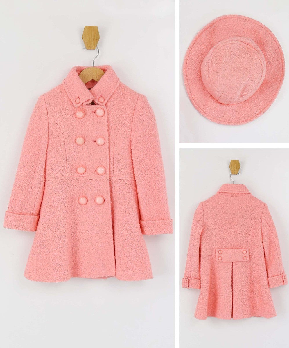 Girls Wool Double-Breasted OverCoat Set - ELIZABETH - Dark Pink