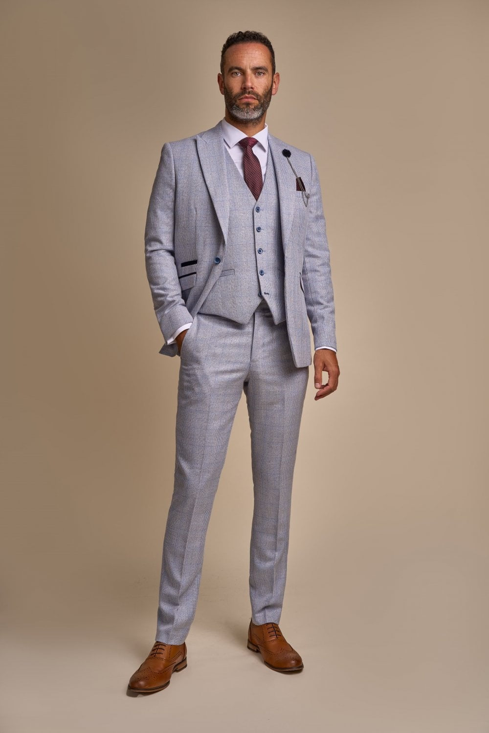 Men's Tweed Houndstooth Check Slim Fit Suit - CARIDI - Sky Blue